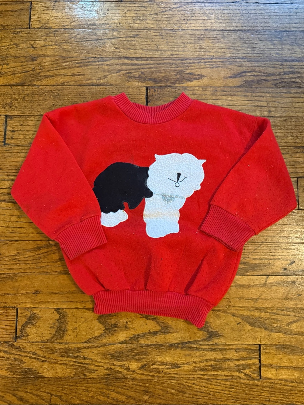 Vintage 1970s Children’s Red Crewneck Sweater with Black & White Dog Graphic